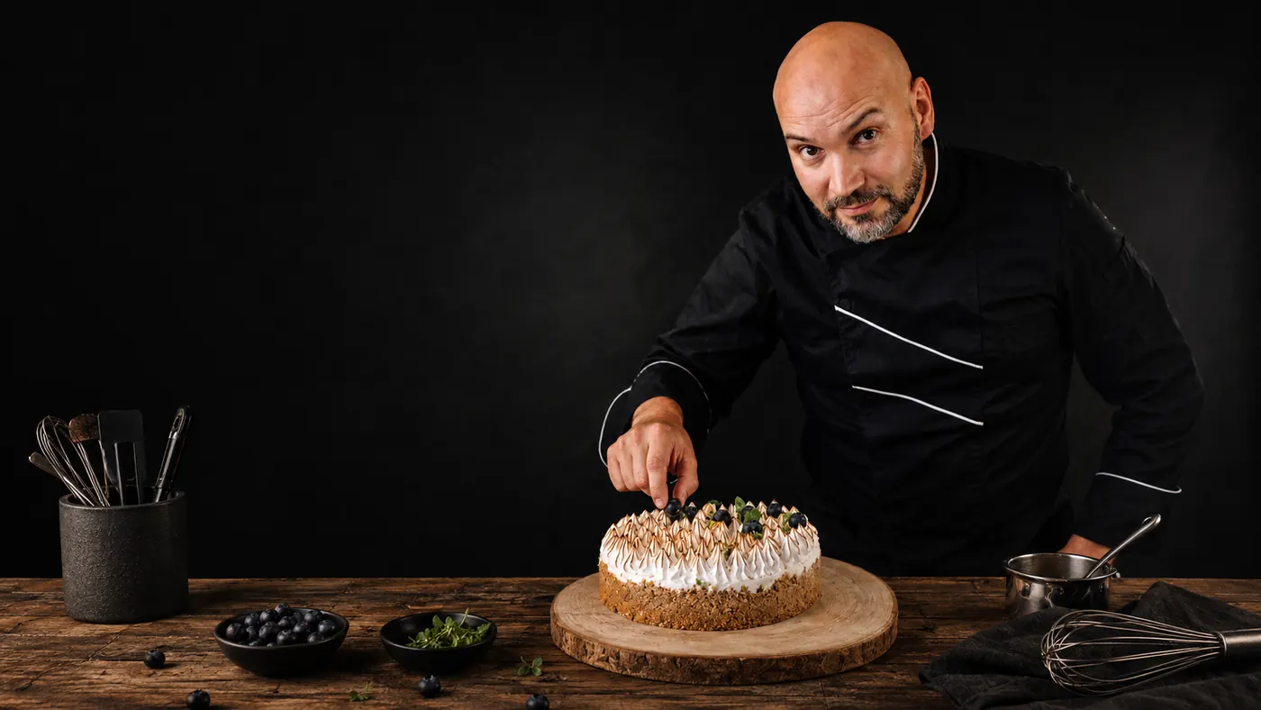 Chef Dinis Pinto a finalizar sobremesa com precisão técnica